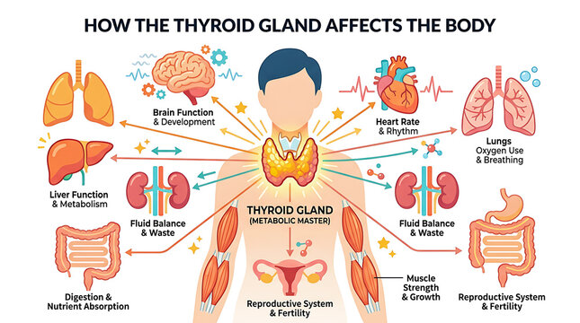 Illustration of how the thyroid gland affects various body parts