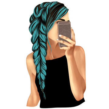 Illustration of a girl with blue hair taking a selfie.