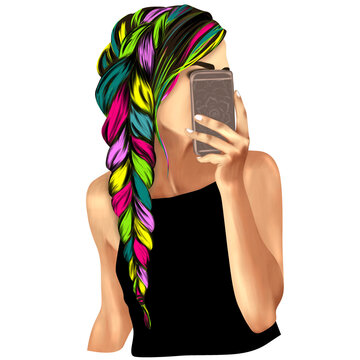 Illustration of a girl with rainbow hair taking a selfie.