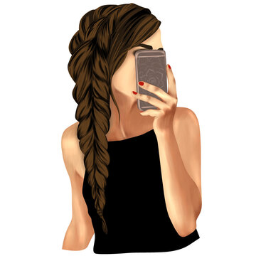 Illustration of a girl with brown hair taking a selfie.
