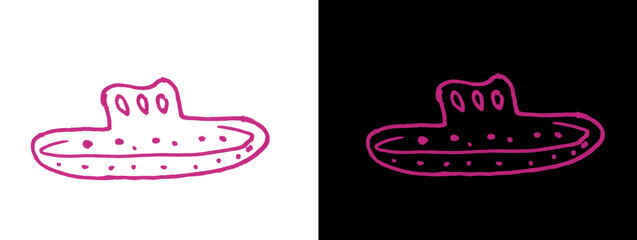 Retro Pink Line Art UFO Spaceship Icon on White and Black Background © Zain