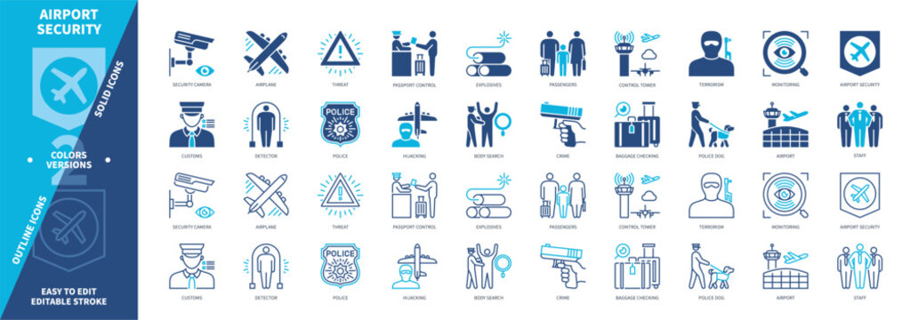 Airport Security icon set. Terrorism, Detector, Staff, Hijacking, Crime, Threat, Monitoring, Passengers. Duotone color solid and editable outline icons
