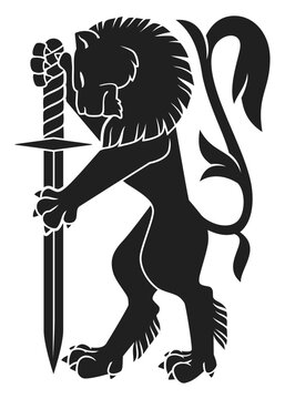 Black Heraldic lion with a sword. Black silhouette of a rampant lion for logo or coat of arms. Premium wild animal crest symbols