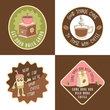 Coffee cartoon emblems with quotes. Funny vector illustration set. Labels in retro style. Four cartoon badges with slogans about coffee