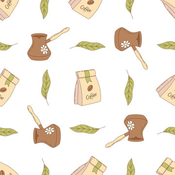Coffee Seamless Pattern. Decorative Ornament. Bag with coffee, leaves, turkey. Seamless Texture for Textile, Wallpapers, Backgrounds and Wrapping
