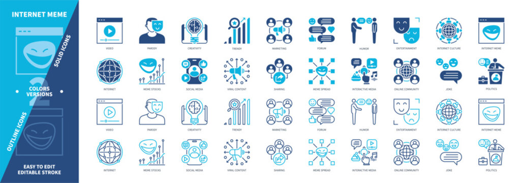 Internet Meme icon set. Forum, Meme Spread, Marketing, Viral Content, Joke, Entertainment, Trendy, Creativity. Duotone color solid and editable outline icons