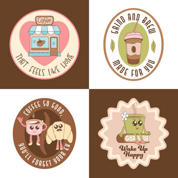 Four cartoon labels with slogans about coffee. Funny vector illustration in retro style. Set of badges with quotes about coffee