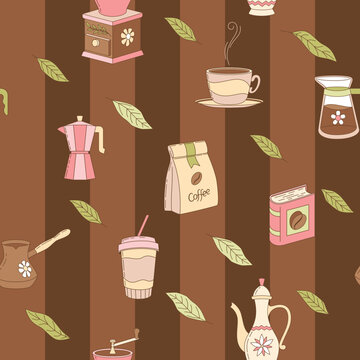 Coffee Seamless Pattern. Decorative Ornament. Bag with coffee, leaves, teapot. Seamless Texture for Textile, Wallpapers, Backgrounds and Wrapping