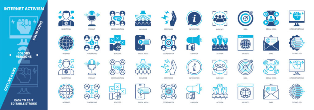 Internet Activism icon set. Communication, Boycott, Organizing, Resistance, Website, Influence, Social Media, Fundraising. Duotone color solid and editable outline icons