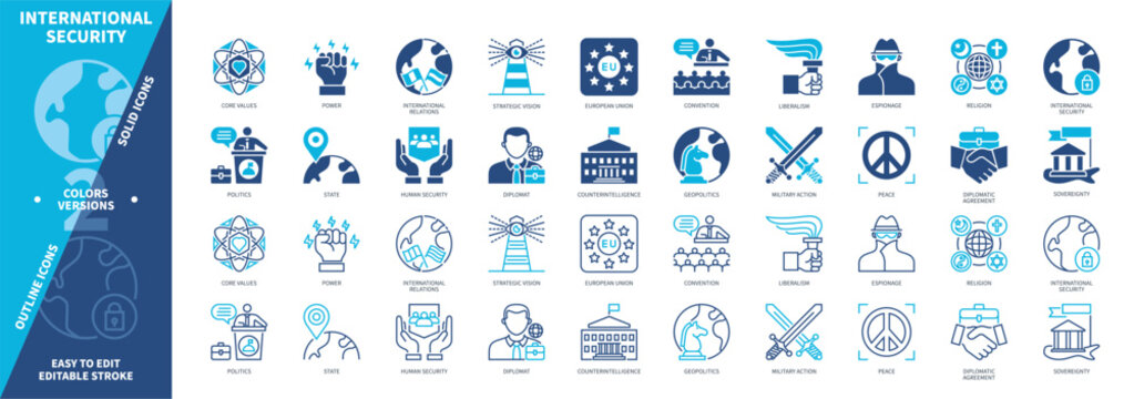 International Security icon set. Convention, Liberalism, Human Security, Espionage, Core Values, Religion, Power, Peace. Duotone color solid and editable outline icons