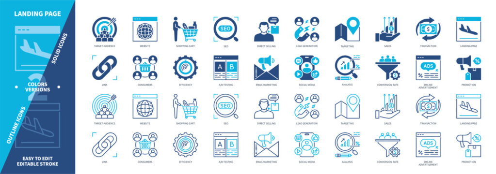 Landing Page icon set. Target Audience, Consumers, Lead Generation, Direct Selling, Website, Link, SEO, Targeting. Duotone color solid and editable outline icons