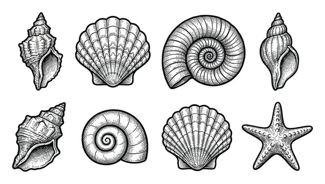 A collection of hand-drawn sea shells and a starfish isolated on a white background in a vintage engraving style