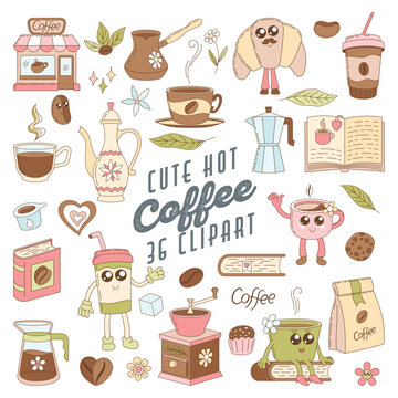 Coffee set in cartoon retro style. Coffee mascot design signs. Tourist Bus, Dolphin, Boombox Speaker, Camera, Flowers etc. Vector collection of pastel colorful icons