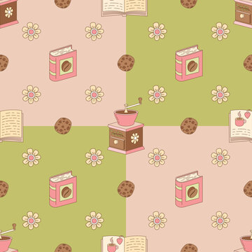 Coffee Seamless Pattern. Decorative Ornament. Coffee grinder, flowers, book, cookies. Seamless Texture for Textile, Wallpapers, Backgrounds