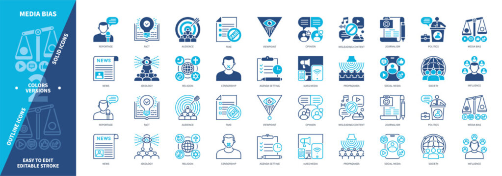 Media Bias icon set. Influence, Reportage, Fake, Journalism, Censorship, Agenda Setting, Opinion, Propaganda. Duotone color solid and editable outline icons