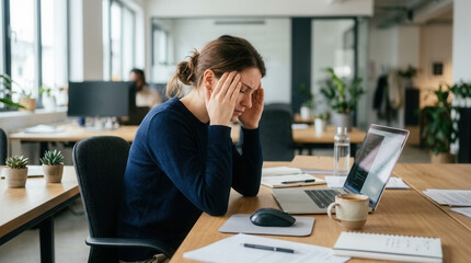 Naklejka premium Woman Experiencing Stress While Working in Modern, Well-Lit Office Environment