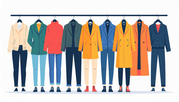 A row of stylish coats and trousers hang on a rack against a white background