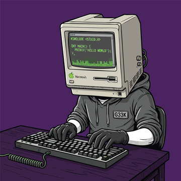 Retro Computer Head Person Coding Hello World in Vector Art Style