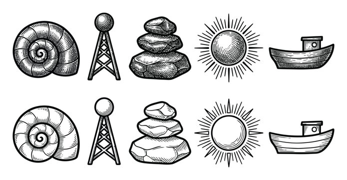 A collection of hand-drawn vintage style featuring seashells, radio towers, stacked stones, suns, and small boats