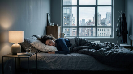 Fototapeta premium Woman Sleeping Comfortably in a Bed with a City View from Window