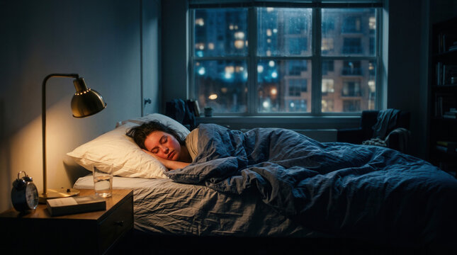 Woman Sleeping Comfortably in Bedroom During Evening Time With Urban City View