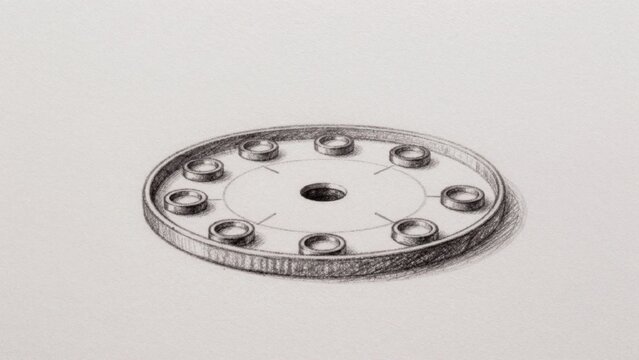 Black-and-white drawing plain light-colored paper which provides stark contrast intricate details circular obj
