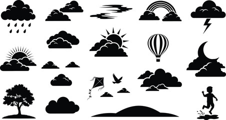 Fototapeta premium Set of black weather icons with clouds sun rain lightning rainbow tree and a playing child silhouette