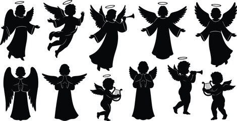Naklejka premium Set of ten black silhouettes of angels with wings and halos in various poses and musical instruments
