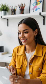 Young woman using a tablet in an office setting, showcasing modern communication and work, implying productivity and connection
