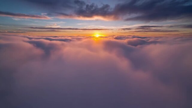 Aerial fly-through over endless sea of clouds at sunset. Golden hour, panoramic sky, serene atmospheric motion.