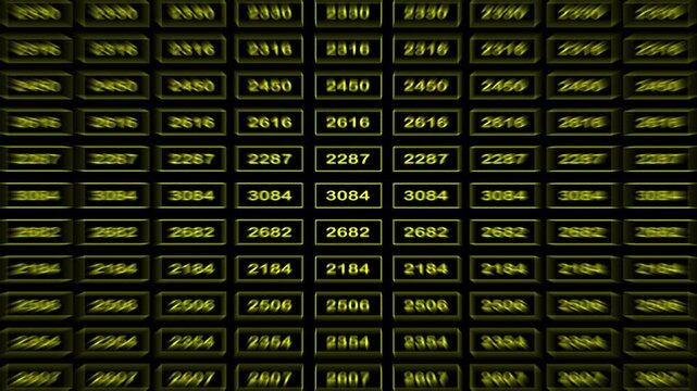 Digital counter grid with yellow glowing numbers displaying fast changing data on black background