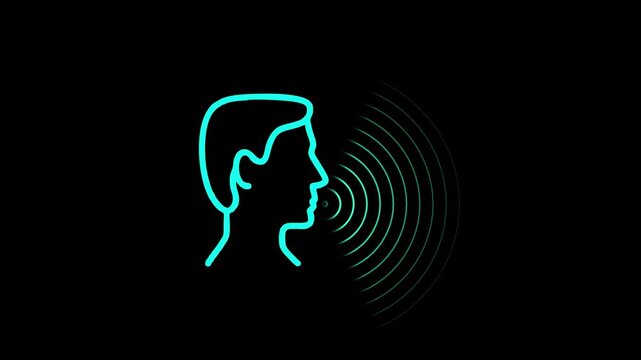 Animated profile outline of man speaking sending sound waves on black background motion graphic