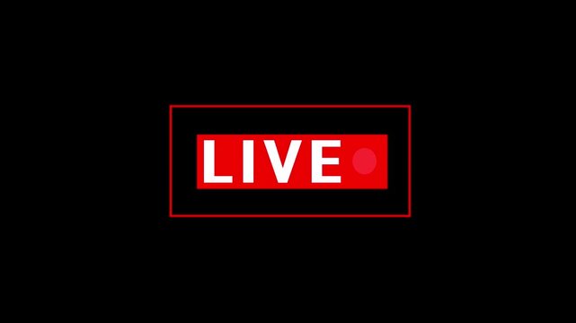 Red live streaming notification rectangle with dot on black background, motion graphic