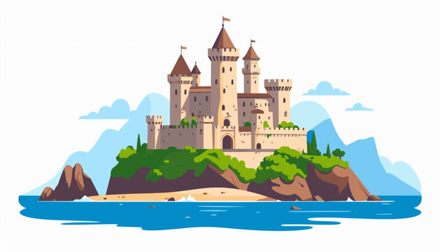 Majestic castle perched on a cliff overlooking a sandy beach and blue ocean