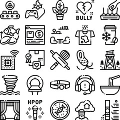 Fototapeta premium Set of clean line icons showing everyday actions and themes, technology, food and delivery, health, nature, entertainment, work and industry, science, shopping, and lifestyle concepts