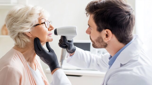 "Male dermatologist examining senior patient with dermatoscopy in medical clinic"
