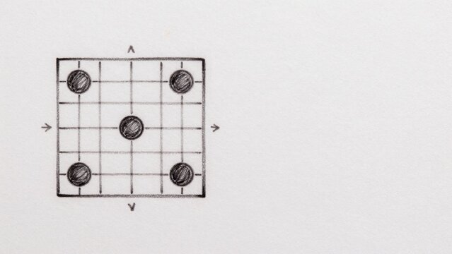 Black-and-white drawing plain light-colored paper square grid evenly spaced squares each containing round circ