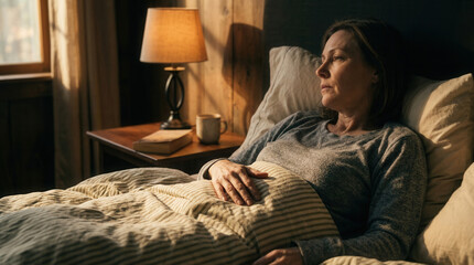 Fototapeta premium Woman In Bed Contemplating, Morning Light, Soft Focus, Peaceful Bedroom Scene