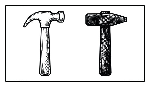 A vintage-style black and white ink featuring a claw hammer and a cross-peen hammer side by side