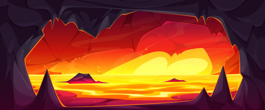 Fiery hell cave landscape with flowing lava river and volcanic rocks, cartoon vector background. Game underground scene with molten magma, dark stone walls, mountain inside adventure level