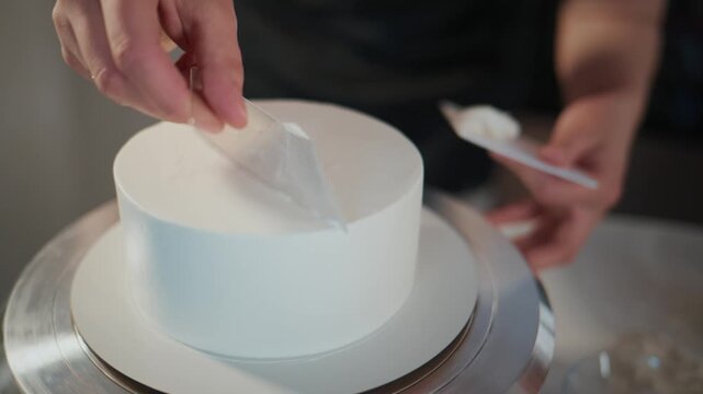 Baker smooths white frosting on a cake with a turntable. Hands carefully guide a spatula to achieve an even finish. The process highlights precision and attention to detail. Ideal for food, baking