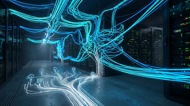 Abstract digital network of glowing blue and white cables in a dark server room, symbolizing data flow and connectivity, ideal for technology concepts