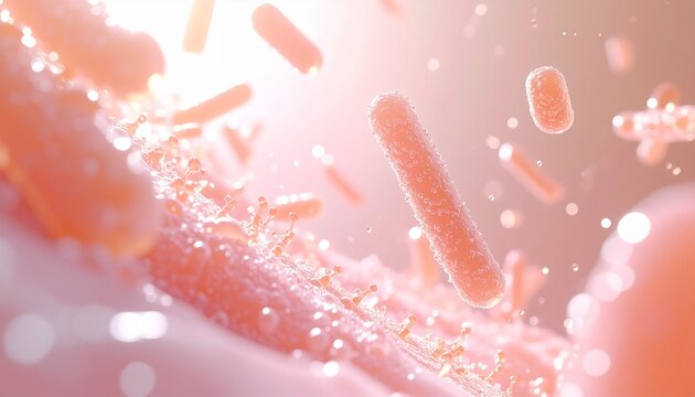 プロバイオティクス由来の乳酸菌が活発に活動する腸内フローラのイメージ、腸活や健康食品、美容サプリメント、発酵食品、インナービューティー市場向けの先進的なマイクロバイオームCG背景 ジェネレーティブAI