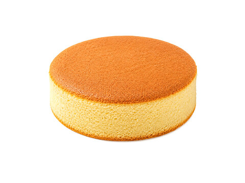 Round plain sponge cake isolated on white background.