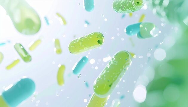さまざまな善玉菌と乳酸菌が浮遊する腸内フローライメージ、プロバイオティクスとマイクロバイオームを表現した美容科学背景 ジェネレーティブAI