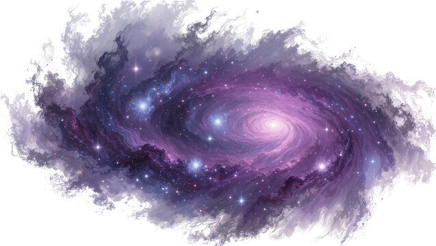 Swirling purple and blue galaxy with bright stars and nebulae