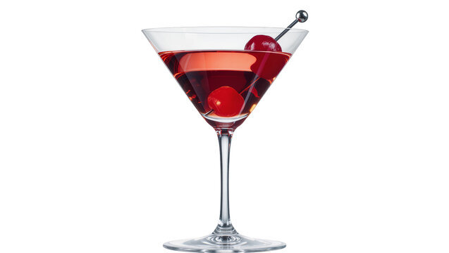 Red cocktail in martini glass with two cherries and metal pick