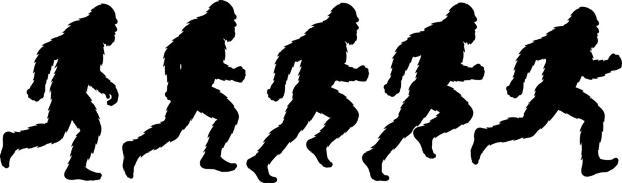 A series of five running silhouettes move quickly across a plain area.