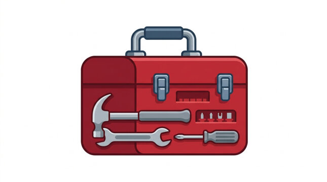 Red toolbox with tools inside and white background.