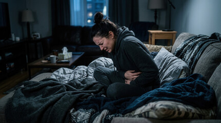 Fototapeta premium Woman Suffering From Abdominal Pain and Distress At Home On The Couch